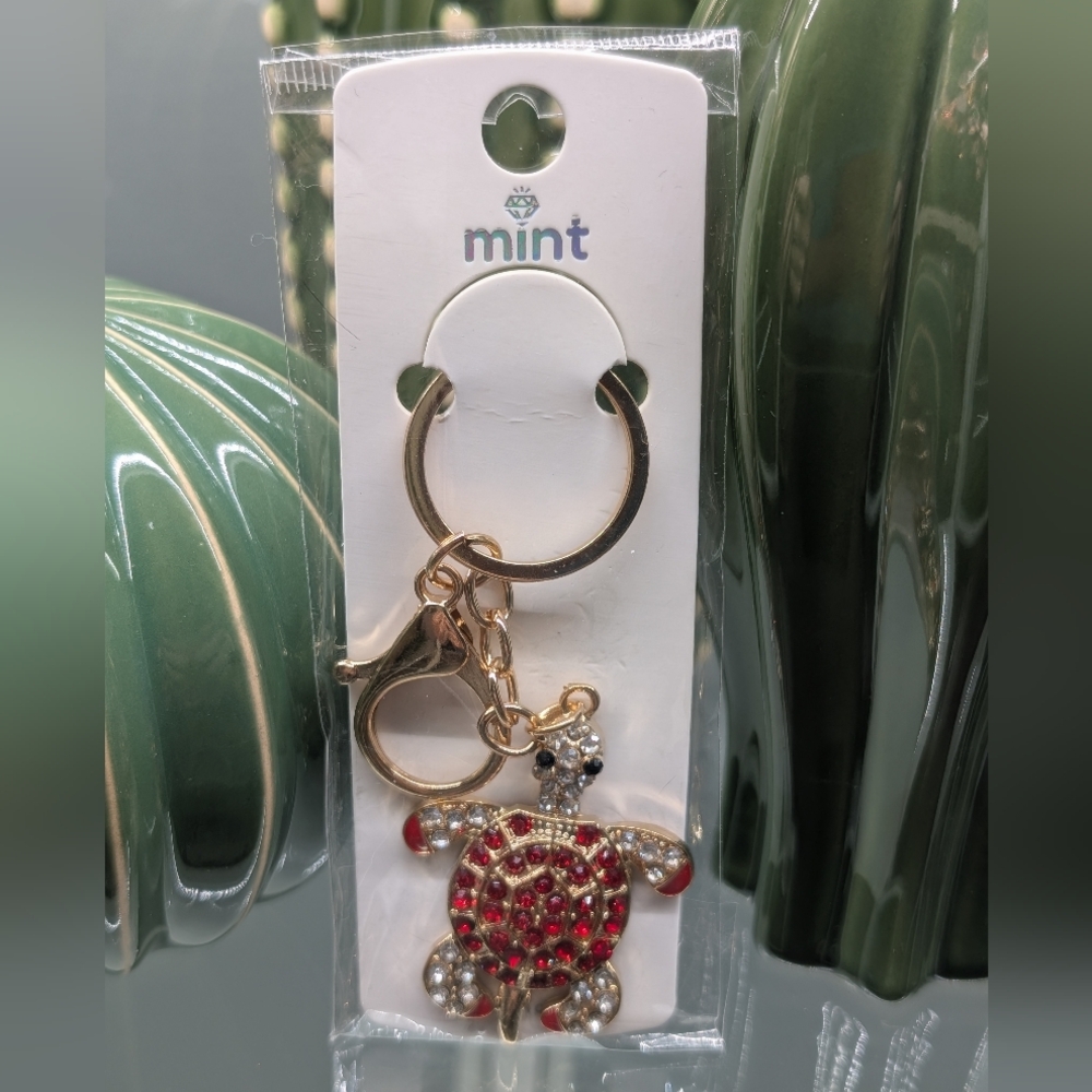 Mint Turtle Keychain/Bagcharm with Red and Gold Rhinestones